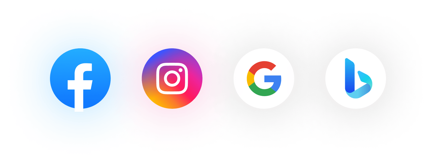 facebook, instagram, google, and bing logos